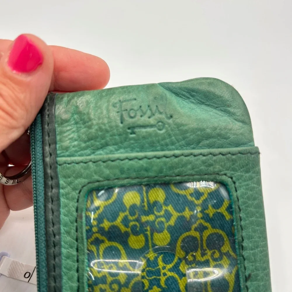 Fossil Green Leather Bird Birdhouse Applique Coin Pouch ID Case Key Ring Wallet